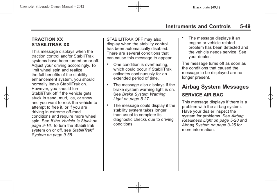 Airbag system messages, Airbag system messages -49, Instruments and controls 5-49 | CHEVROLET 2012 Silverado User Manual | Page 197 / 608