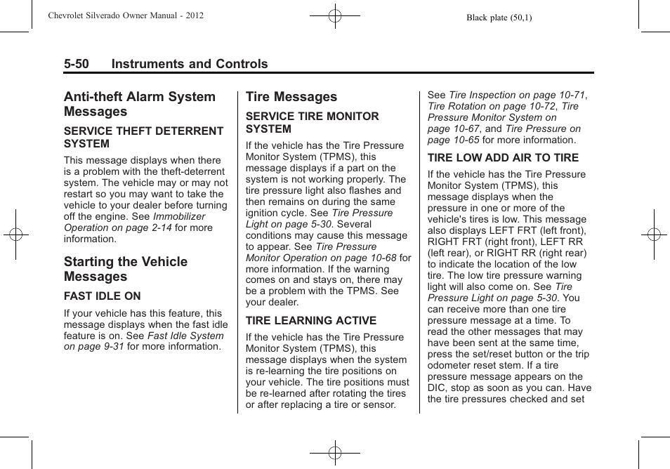 Anti-theft alarm system messages, Starting the vehicle messages, Tire messages | Anti-theft alarm system, Messages -50, Starting the vehicle, Tire messages -50 | CHEVROLET 2012 Silverado User Manual | Page 198 / 608