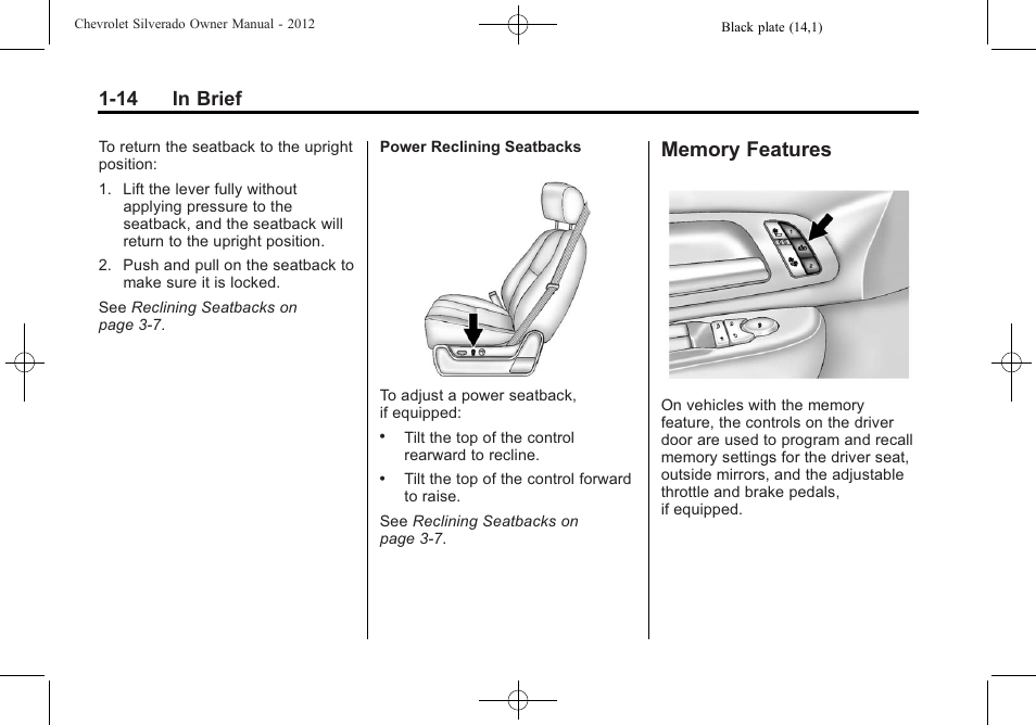 Memory features, Memory features -14, 14 in brief | CHEVROLET 2012 Silverado User Manual | Page 20 / 608