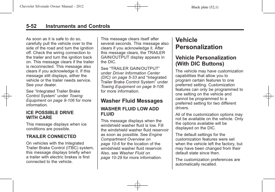 Washer fluid messages, Vehicle personalization, Vehicle personalization (with dic buttons) | Manual, Vehicle, Washer fluid messages -52, Vehicle personalization (with, Dic buttons) -52, Steering | CHEVROLET 2012 Silverado User Manual | Page 200 / 608