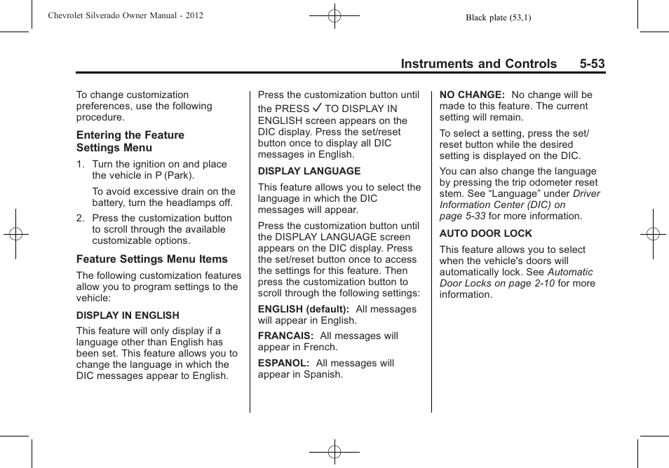 Instruments and controls 5-53 | CHEVROLET 2012 Silverado User Manual | Page 201 / 608