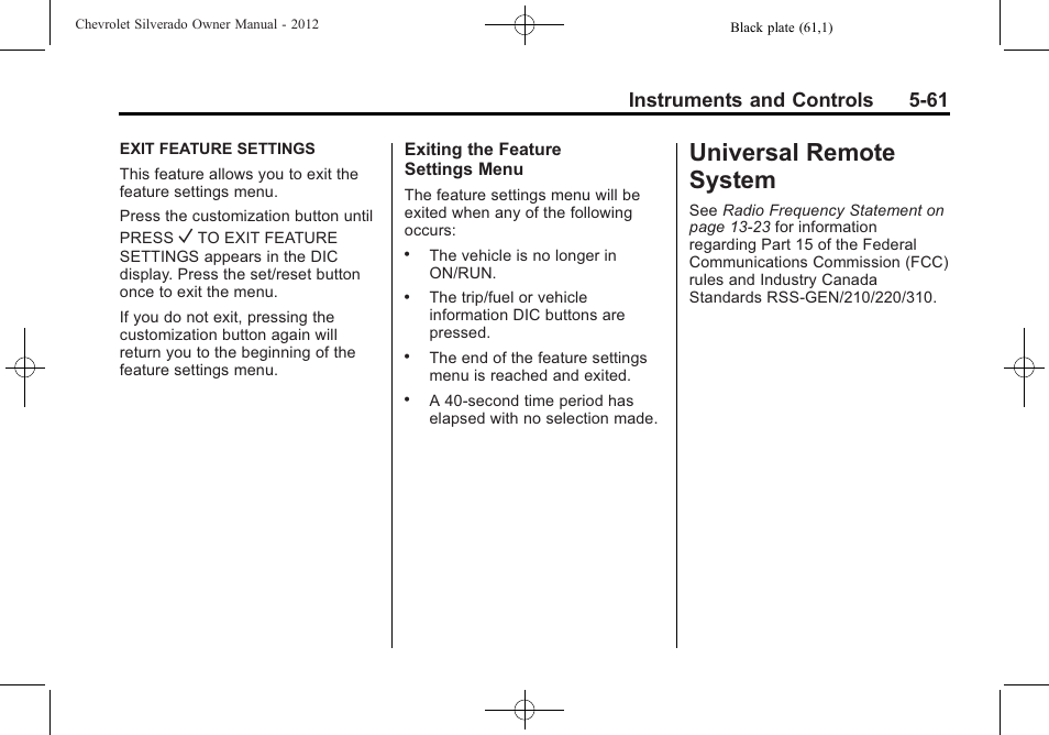 Universal remote system, Remote system -61, Drive systems | Universal remote system -61, Instruments and controls 5-61 | CHEVROLET 2012 Silverado User Manual | Page 209 / 608