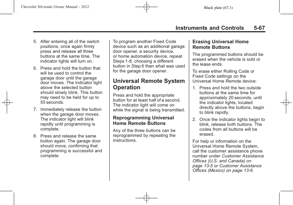 Universal remote system operation, Universal remote system, Operation -67 | Instruments and controls 5-67 | CHEVROLET 2012 Silverado User Manual | Page 215 / 608