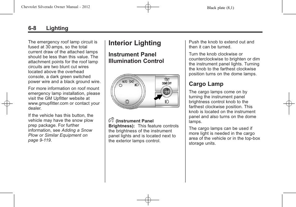 Interior lighting, Instrument panel illumination control, Cargo lamp | Interior lighting -8, Object, Instrument panel illumination, Control -8, Cargo lamp -8 | CHEVROLET 2012 Silverado User Manual | Page 224 / 608