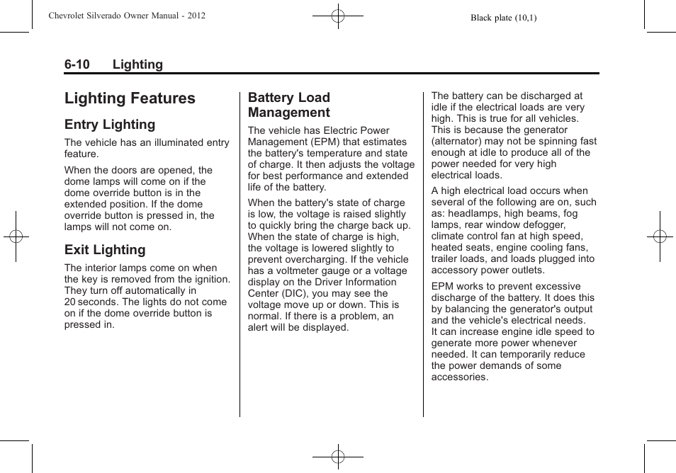 Lighting features, Entry lighting, Exit lighting | Battery load management, Lighting features -10, Fuel | CHEVROLET 2012 Silverado User Manual | Page 226 / 608