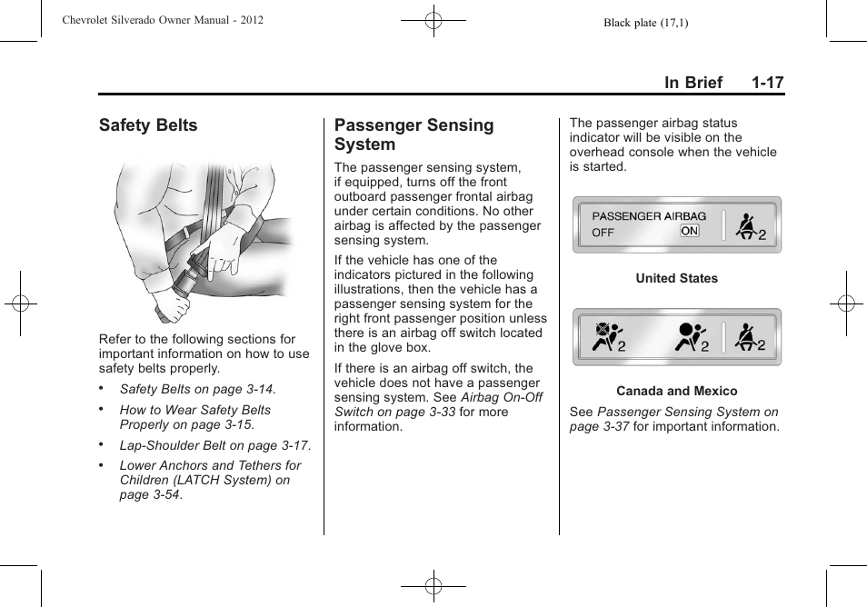 Safety belts, Passenger sensing system, Safety belts -17 passenger sensing | System -17 | CHEVROLET 2012 Silverado User Manual | Page 23 / 608