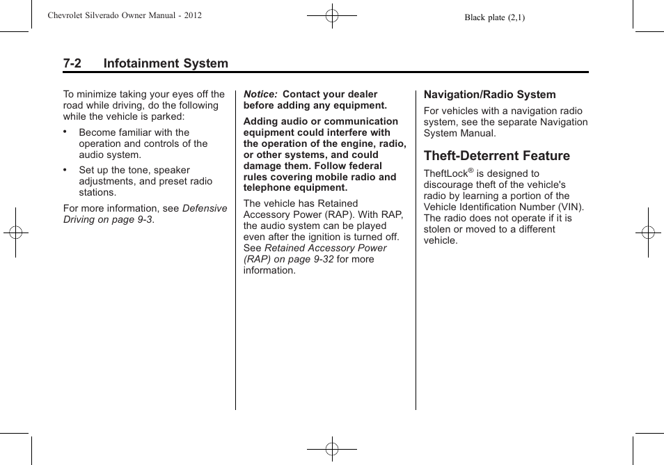 Theft-deterrent feature, Theft-deterrent feature -2, 2 infotainment system | CHEVROLET 2012 Silverado User Manual | Page 230 / 608
