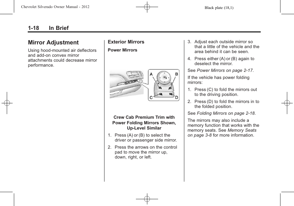 Mirror adjustment, Mirror adjustment -18, 18 in brief | CHEVROLET 2012 Silverado User Manual | Page 24 / 608