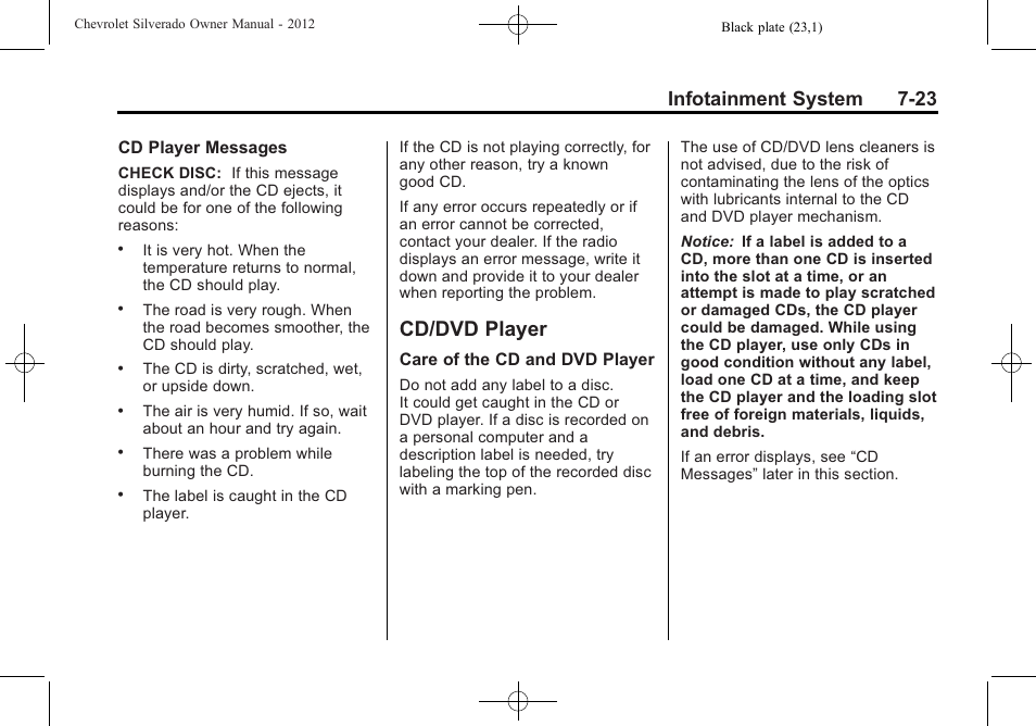 Cd/dvd player, Cd/dvd player -23, Infotainment system 7-23 | CHEVROLET 2012 Silverado User Manual | Page 251 / 608