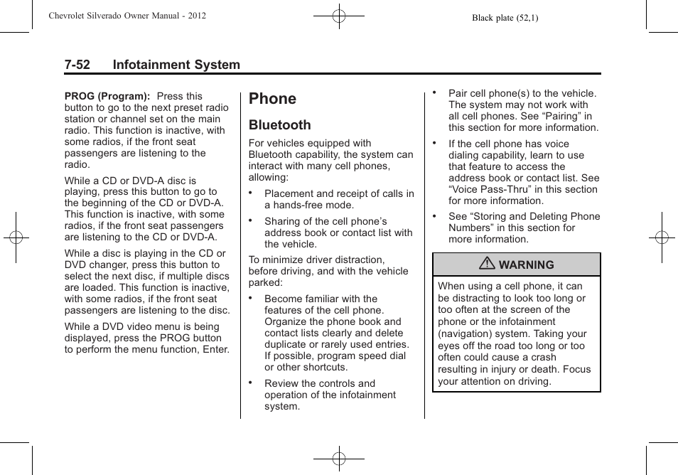 Phone, Bluetooth, Bluetooth -52 | 52 infotainment system | CHEVROLET 2012 Silverado User Manual | Page 280 / 608