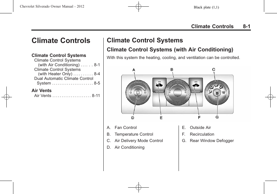 Climate controls, Climate control systems, Climate control systems (with air conditioning) | Climate controls -1, Control systems -1, With air conditioning) on | CHEVROLET 2012 Silverado User Manual | Page 289 / 608