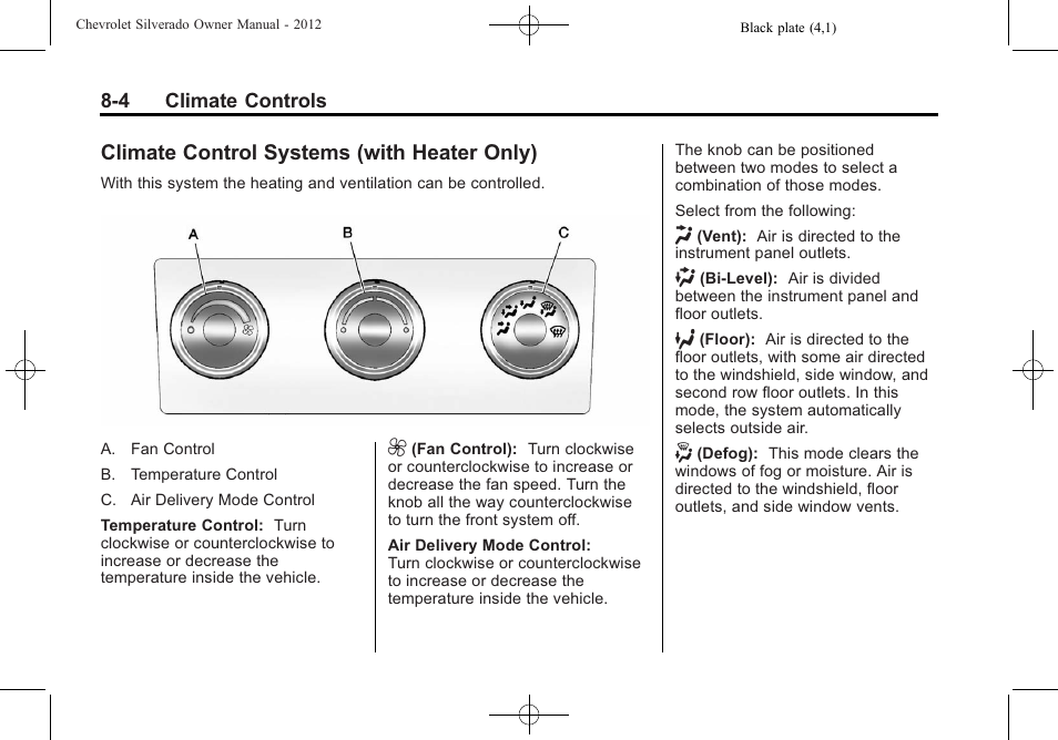 Climate control systems (with heater only), Climate control systems, With heater only) -4 | CHEVROLET 2012 Silverado User Manual | Page 292 / 608