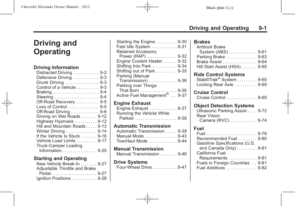 Driving and operating, Driving and operating 9-1 | CHEVROLET 2012 Silverado User Manual | Page 301 / 608