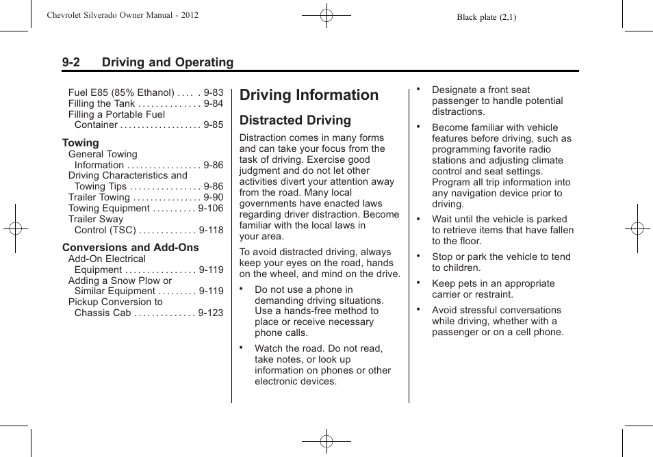 Driving information, Distracted driving, Driving information -2 | Distracted driving -2, 2 driving and operating | CHEVROLET 2012 Silverado User Manual | Page 302 / 608