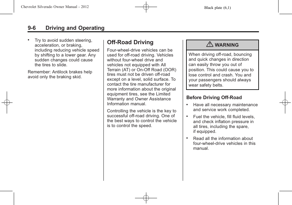 Off-road driving, Off-road driving -6, Running the | 6 driving and operating | CHEVROLET 2012 Silverado User Manual | Page 306 / 608