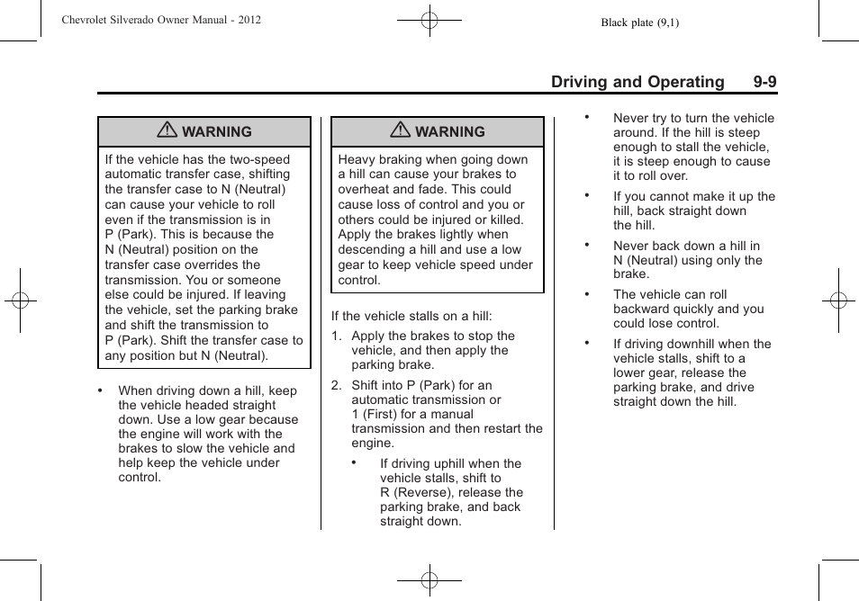 Driving and operating 9-9 | CHEVROLET 2012 Silverado User Manual | Page 309 / 608