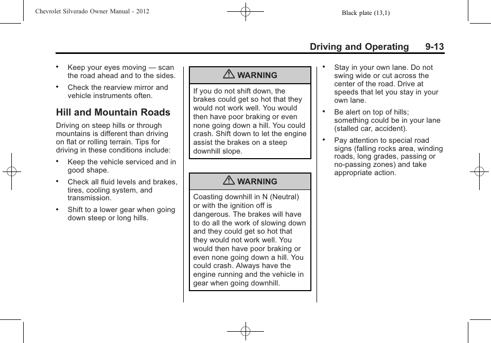 Hill and mountain roads, Hill and mountain roads -13, Driving and operating 9-13 | CHEVROLET 2012 Silverado User Manual | Page 313 / 608