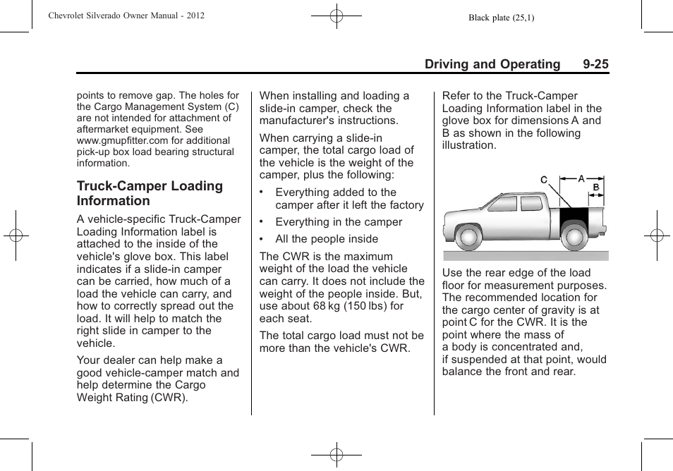 Truck-camper loading information, Truck-camper loading, Information -25 | Driving and operating 9-25 | CHEVROLET 2012 Silverado User Manual | Page 325 / 608