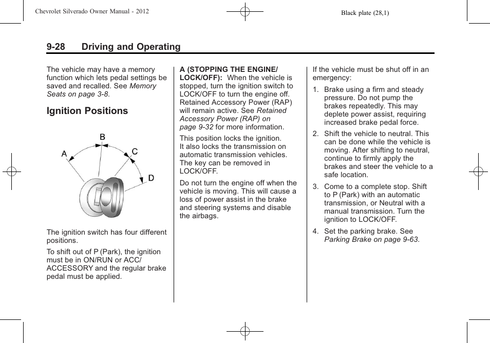 Ignition positions, Ignition positions -28, 28 driving and operating | CHEVROLET 2012 Silverado User Manual | Page 328 / 608