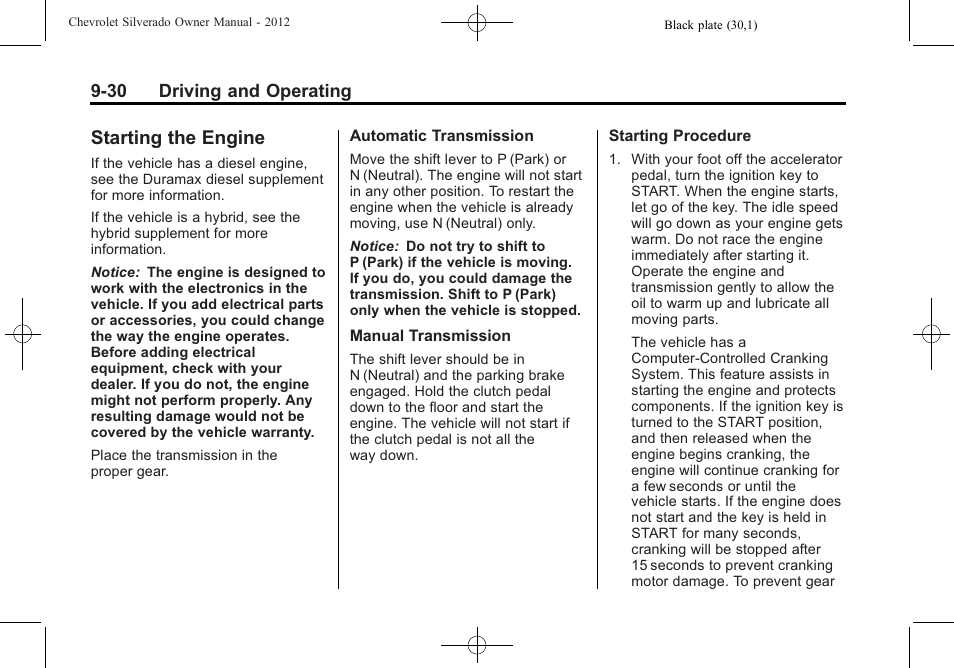 Starting the engine, Starting the engine -30, Brakes | CHEVROLET 2012 Silverado User Manual | Page 330 / 608