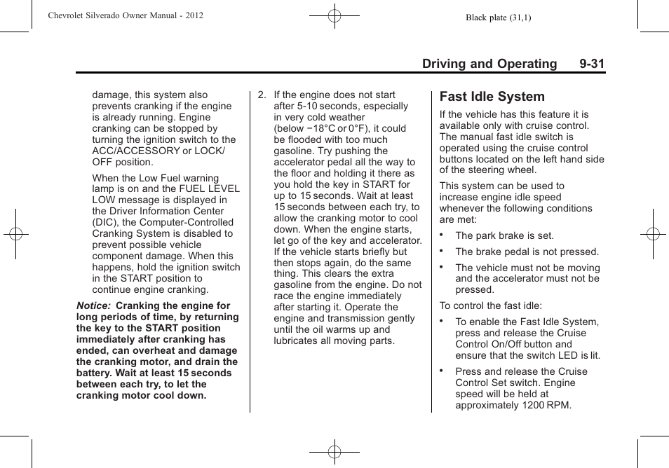 Fast idle system, Fast idle system -31, Driving and operating 9-31 | CHEVROLET 2012 Silverado User Manual | Page 331 / 608