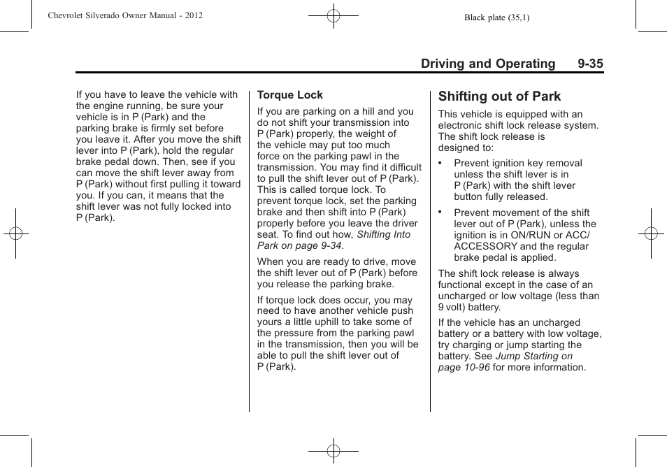 Shifting out of park, Shifting out of park -35, Driving and operating 9-35 | CHEVROLET 2012 Silverado User Manual | Page 335 / 608