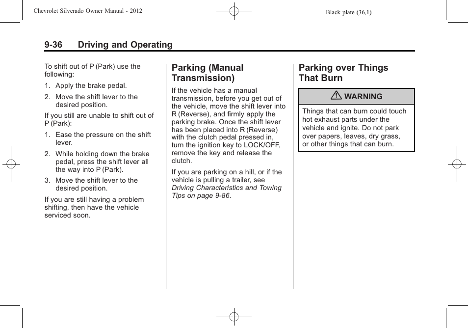 Parking (manual transmission), Parking over things that burn, Parking (manual | Transmission) -36, Parking over things, That burn -36 | CHEVROLET 2012 Silverado User Manual | Page 336 / 608