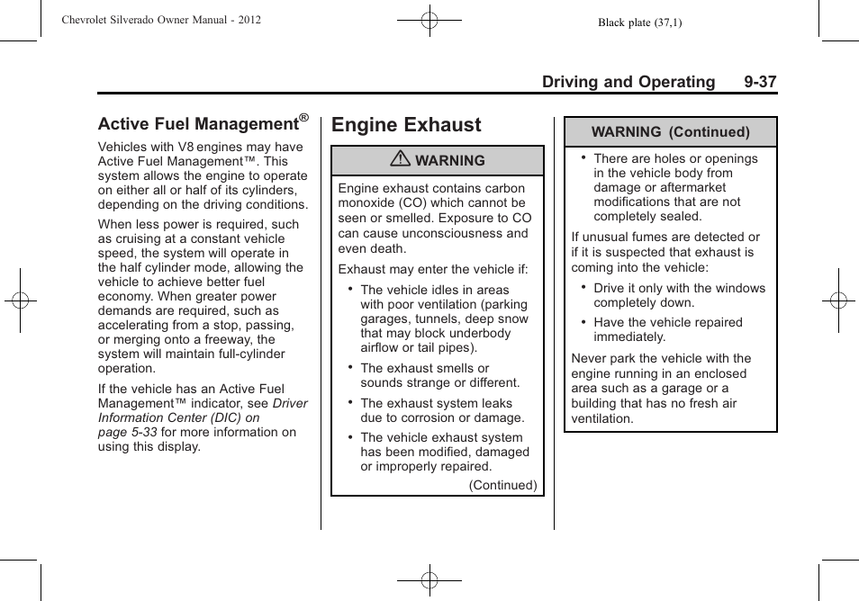 Active fuel management, Engine exhaust, Fuel management | Engine exhaust -37, Driving and operating 9-37 | CHEVROLET 2012 Silverado User Manual | Page 337 / 608