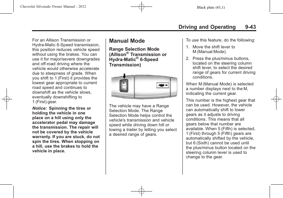 Manual mode, Mode -43, Driving and operating 9-43 | CHEVROLET 2012 Silverado User Manual | Page 343 / 608
