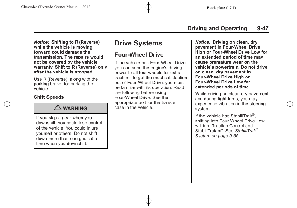 Drive systems, Four-wheel drive, Four-wheel drive -47 | Fuel additives | CHEVROLET 2012 Silverado User Manual | Page 347 / 608