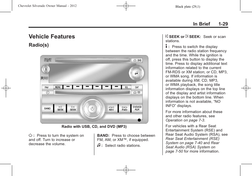 Vehicle features, Radio(s), Vehicle features -29 | Instruments and controls -1, Driving | CHEVROLET 2012 Silverado User Manual | Page 35 / 608