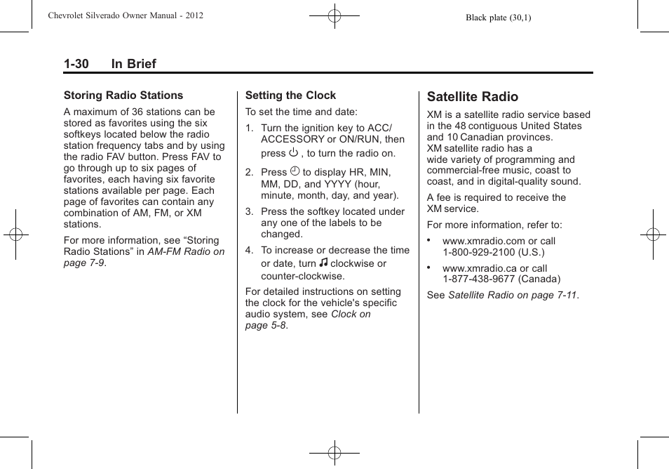 Satellite radio, Radio -30, 30 in brief | CHEVROLET 2012 Silverado User Manual | Page 36 / 608