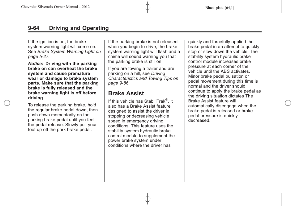 Brake assist, Brake assist -64, 64 driving and operating | CHEVROLET 2012 Silverado User Manual | Page 364 / 608