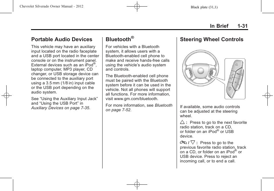 Portable audio devices, Bluetooth, Steering wheel controls | Portable audio devices -31 bluetooth, Steering wheel controls -31 | CHEVROLET 2012 Silverado User Manual | Page 37 / 608