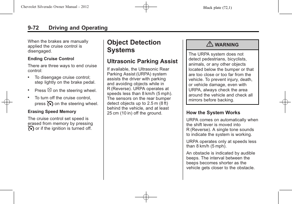 Object detection systems, Ultrasonic parking assist, Detection systems -72 | Ultrasonic parking assist -72 | CHEVROLET 2012 Silverado User Manual | Page 372 / 608