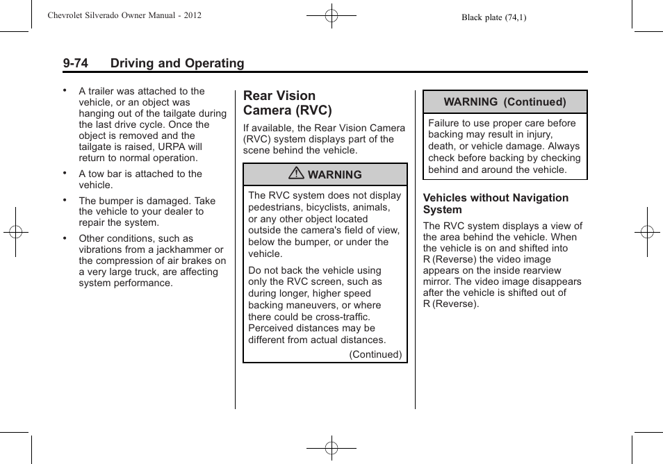 Rear vision camera (rvc), Rear vision, Camera (rvc) -74 | 74 driving and operating | CHEVROLET 2012 Silverado User Manual | Page 374 / 608