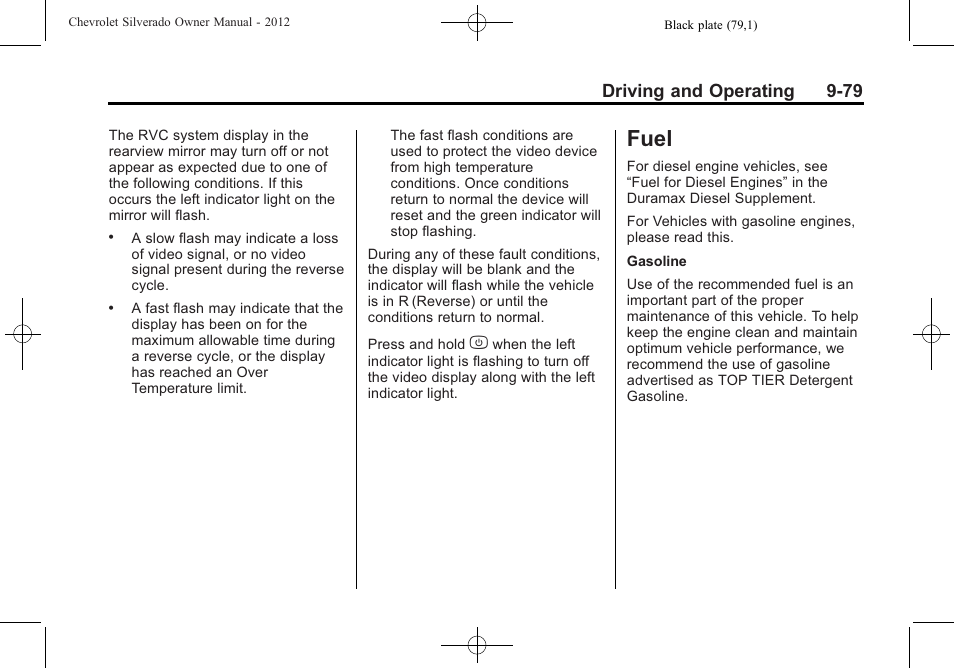 Fuel, Fuel -79, Driving and operating 9-79 | CHEVROLET 2012 Silverado User Manual | Page 379 / 608
