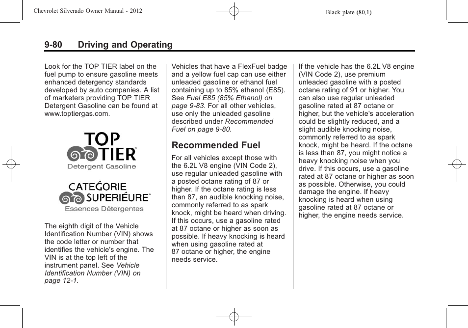 Recommended fuel, Recommended fuel -80 | CHEVROLET 2012 Silverado User Manual | Page 380 / 608