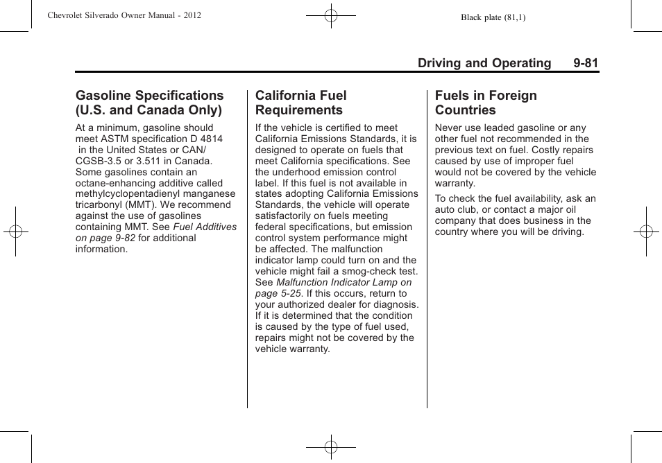 Gasoline specifications (u.s. and canada only), California fuel requirements, Fuels in foreign countries | Gasoline specifications (u.s, And canada only) -81, California fuel, Requirements -81, Fuels in foreign countries -81 | CHEVROLET 2012 Silverado User Manual | Page 381 / 608