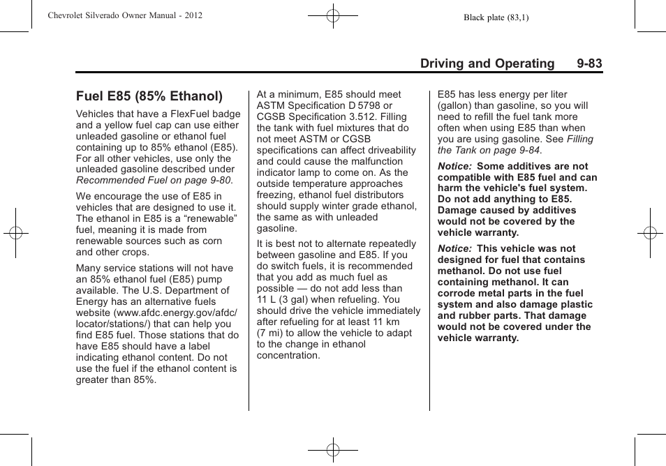 Fuel e85 (85% ethanol), Fuel e85 (85% ethanol) -83 | CHEVROLET 2012 Silverado User Manual | Page 383 / 608