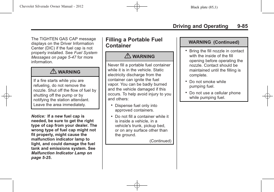Filling a portable fuel container, Filling a portable fuel, Container -85 | Driving and operating 9-85 | CHEVROLET 2012 Silverado User Manual | Page 385 / 608