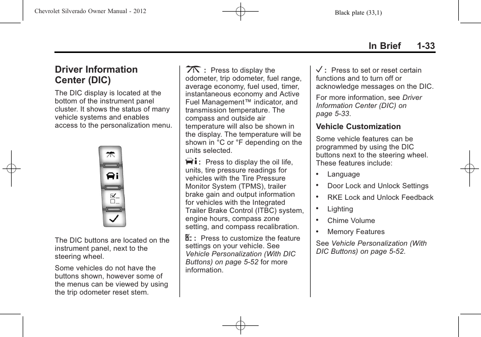 Driver information center (dic), Driver information, Center (dic) -33 | CHEVROLET 2012 Silverado User Manual | Page 39 / 608