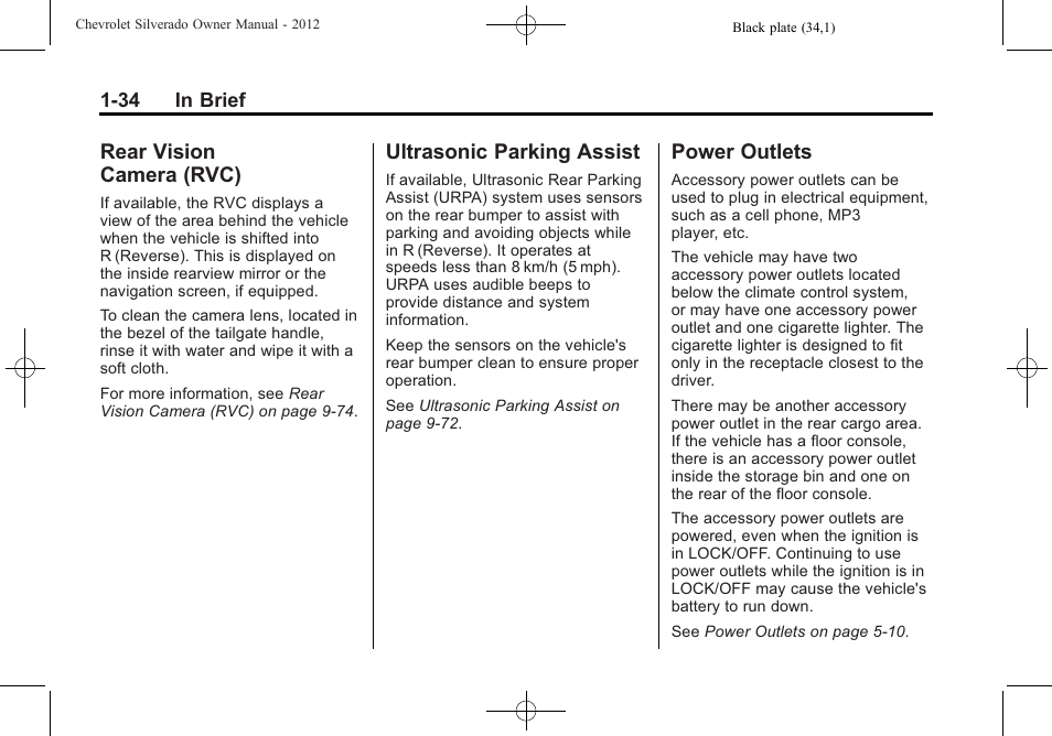 Rear vision camera (rvc), Ultrasonic parking assist, Power outlets | Rear vision, Camera (rvc) -34, Ultrasonic parking assist -34 power outlets -34 | CHEVROLET 2012 Silverado User Manual | Page 40 / 608