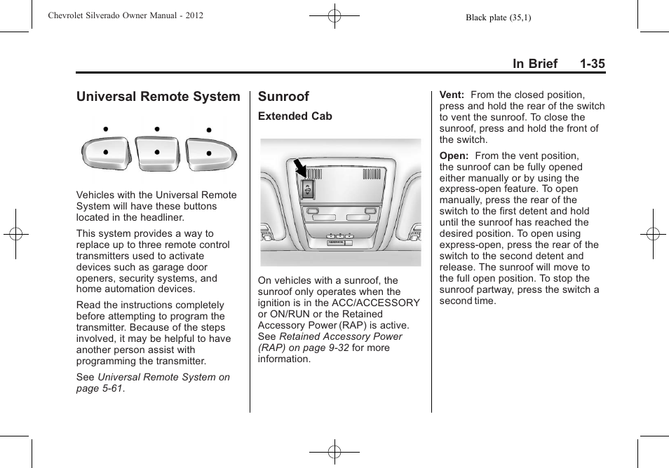 Universal remote system, Sunroof, Universal remote system -35 sunroof -35 | CHEVROLET 2012 Silverado User Manual | Page 41 / 608