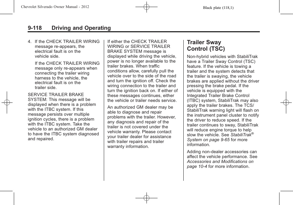 Trailer sway control (tsc), Trailer sway, Control (tsc) -118 | 118 driving and operating | CHEVROLET 2012 Silverado User Manual | Page 418 / 608