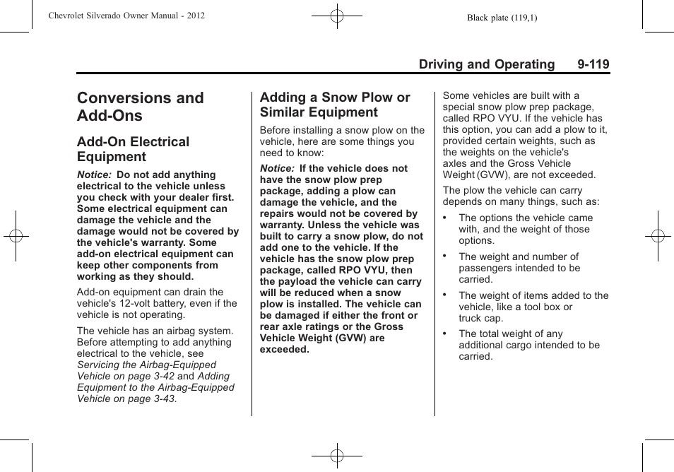 Conversions and add-ons, Add-on electrical equipment, Adding a snow plow or similar equipment | Add-on electrical, Equipment -119, Adding a snow plow or, Similar equipment -119, Driving and operating 9-119 | CHEVROLET 2012 Silverado User Manual | Page 419 / 608