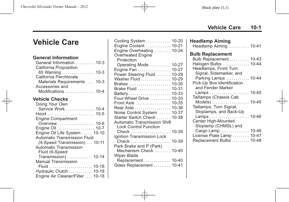 Vehicle care, Vehicle care -1, Vehicle care 10-1 | CHEVROLET 2012 Silverado User Manual | Page 425 / 608