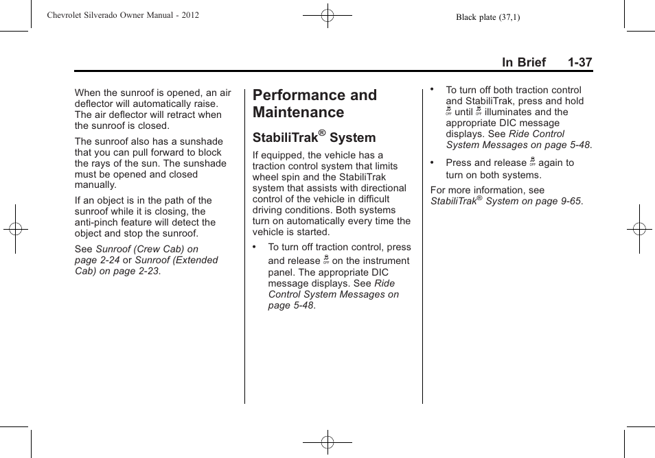 Performance and maintenance, Stabilitrak® system, Performance and | Maintenance -37, Warning lights, Stabilitrak, System -37, System | CHEVROLET 2012 Silverado User Manual | Page 43 / 608