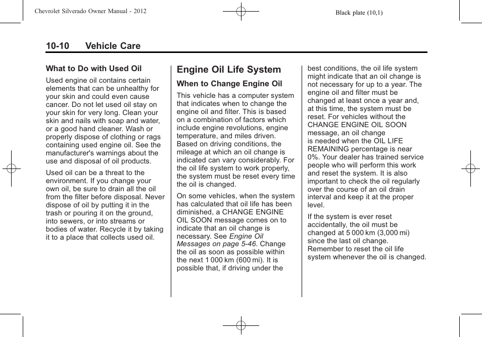 Engine oil life system, Engine oil life system -10 | CHEVROLET 2012 Silverado User Manual | Page 434 / 608