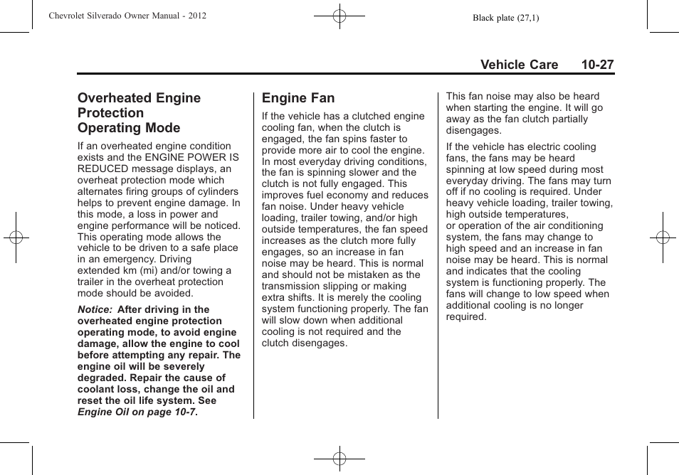 Overheated engine protection operating mode, Engine fan, Overheated engine | Protection operating mode -27, Engine fan -27 | CHEVROLET 2012 Silverado User Manual | Page 451 / 608